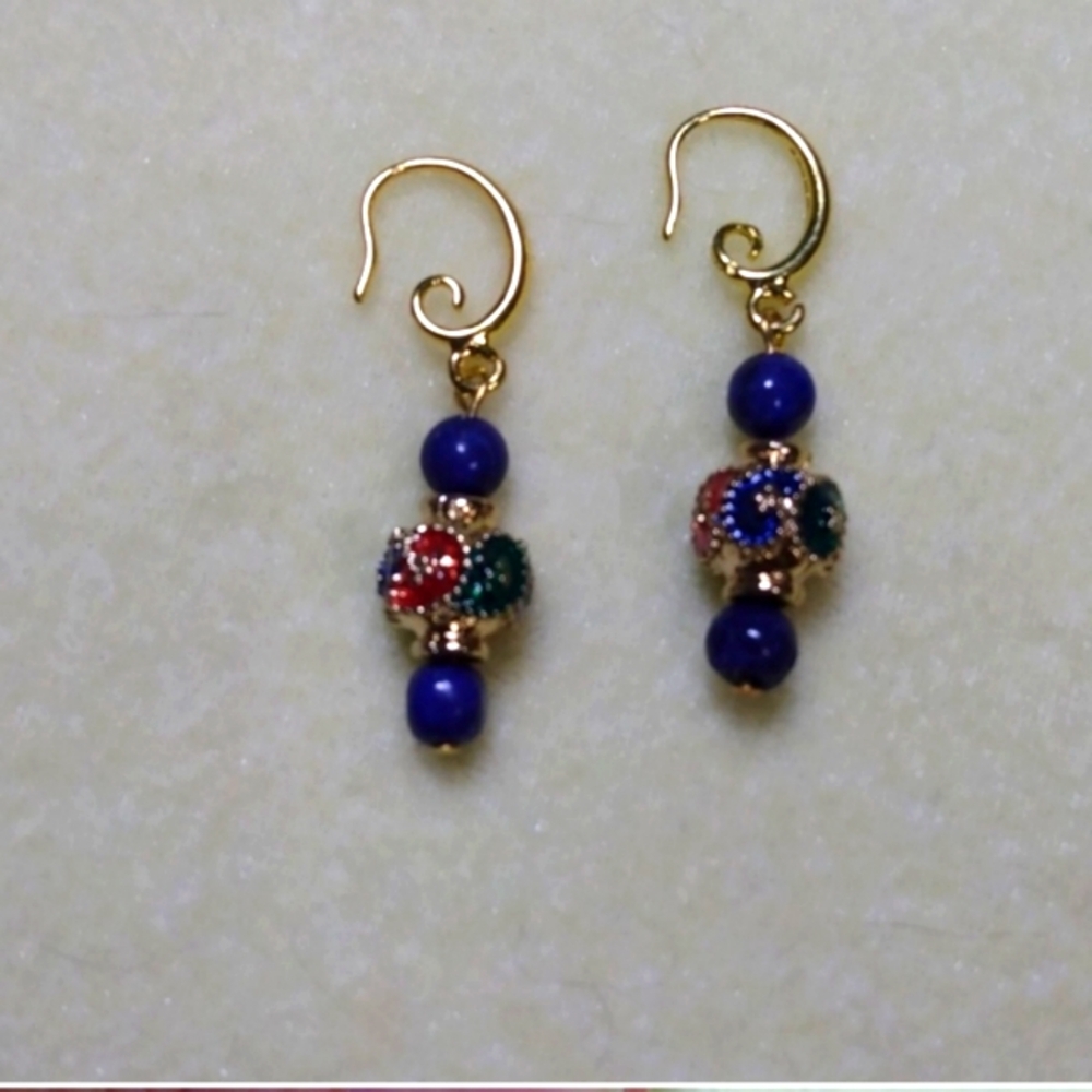 Hand Crafted Cloisonne And Lapis Beads Earrings